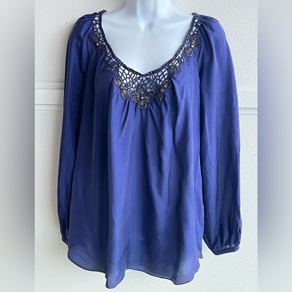 Rebecca Taylor 100% Silk Royal Blue Embroidered Jeweled Relaxed Blouse Top Small